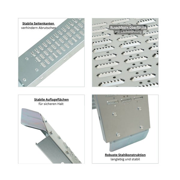 Detailansicht einer Auffahrrampe aus Stahl mit rutschfester Lochstanzung, stabilen Seitenkanten und robusten Auflageflächen für sicheren Halt.