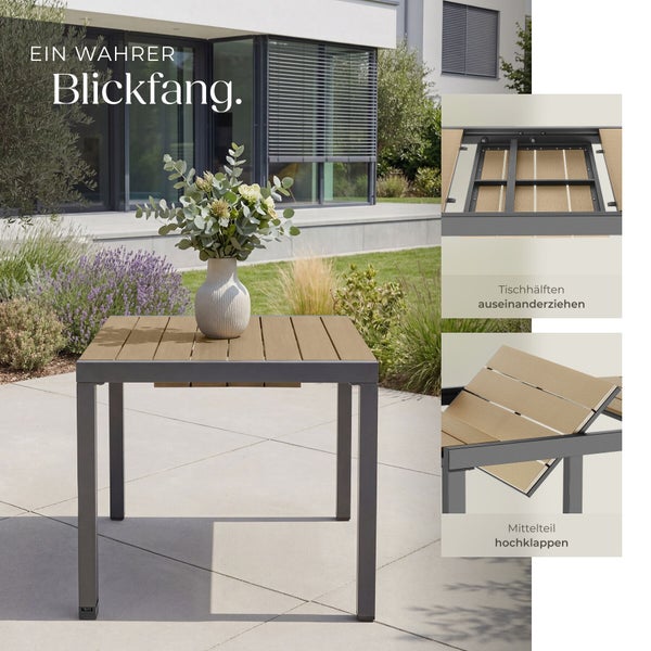Ausziehbarer Gartentisch mit Metallgestell und Tischplatte in Holzoptik inklusive Funktionsdarstellungen für die Erweiterung.
