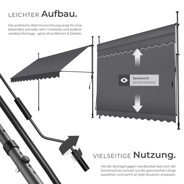 Klemmmarkise tectake  einfache Montage mit Handkurbel schwarz/grau