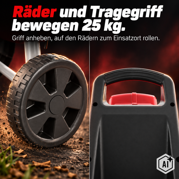 Produktabbildung zeigt Rad und Tragegriff eines Gartengeräts für den Transport von 25 Kilogramm.