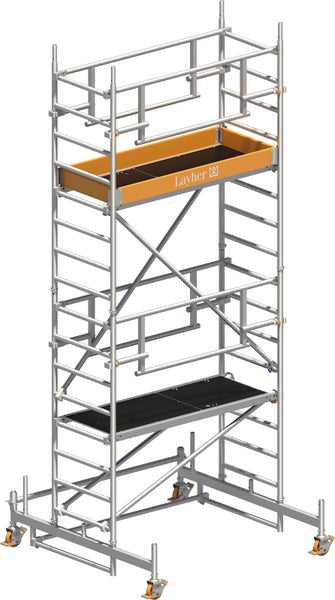 Rollgerüst mit zwei Arbeitsbühnen und Layher Logo