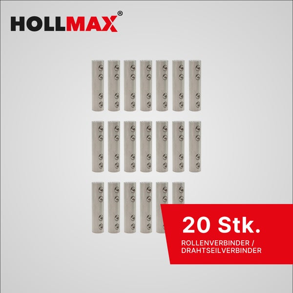 Zwanzig Rollenverbinder und Drahtseilverbinder aus Metall von Hollmax mit je vier Schraublöchern. Hollmax Logo.