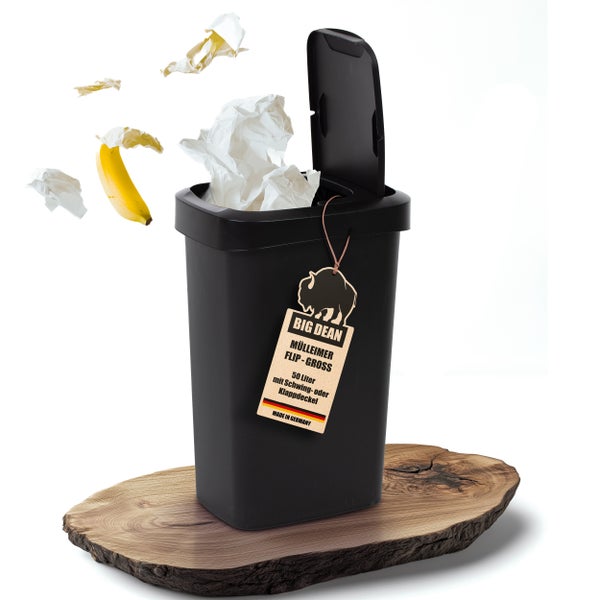 Big Dean Mülleimer Flip-Gross mit 50 Liter Fassungsvermögen und Schwing- oder Klappdeckel auf einem Holzteller