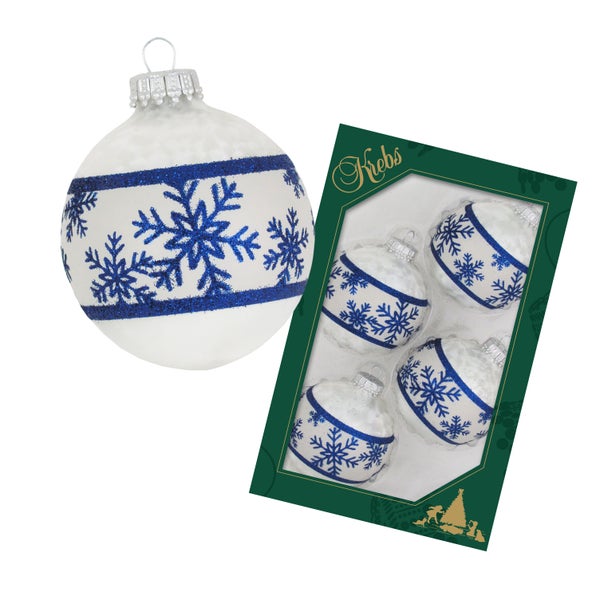 Eislack perlweiß 7cm Glaskugel mit Schneeflockenband (4), 4 Stck., Weihnachtsbaumkugeln, Christbaumschmuck, Weihnachtsbaumanhänger