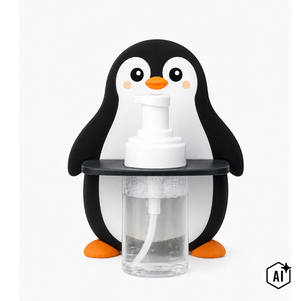 Seifenspender in Pinguin Optik mit Schaumpumpe zur hygienischen Händereinigung im Badezimmer