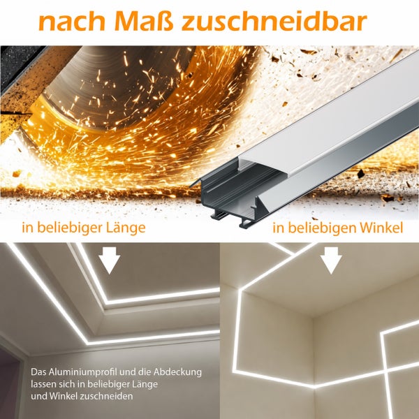 Aluminium LED Profil mit Abdeckung, auf Maß zuschneidbar für individuelle Längen und Winkel zur Decken und Wandmontage.