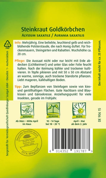 Rückseite der Saatgutpackung für Steinkraut Goldkörbchen mit Informationen zu Aussaat, Pflege und Blütezeit der mehrjährigen Polsterstaude.