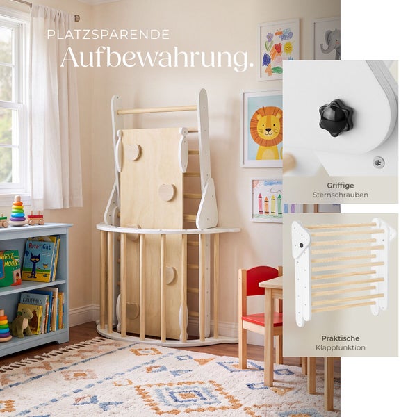 Kindersprossenwand aus Holz in einem Kinderzimmer, mit einer klappbaren Konstruktion und detailreichen Ansichten der Sternschrauben.