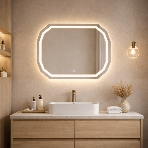 Modernes Badezimmer mit achteckigem LED-Spiegel, Aufsatzwaschbecken auf hellem Holz-Unterschrank und beige gefliesten Wänden.