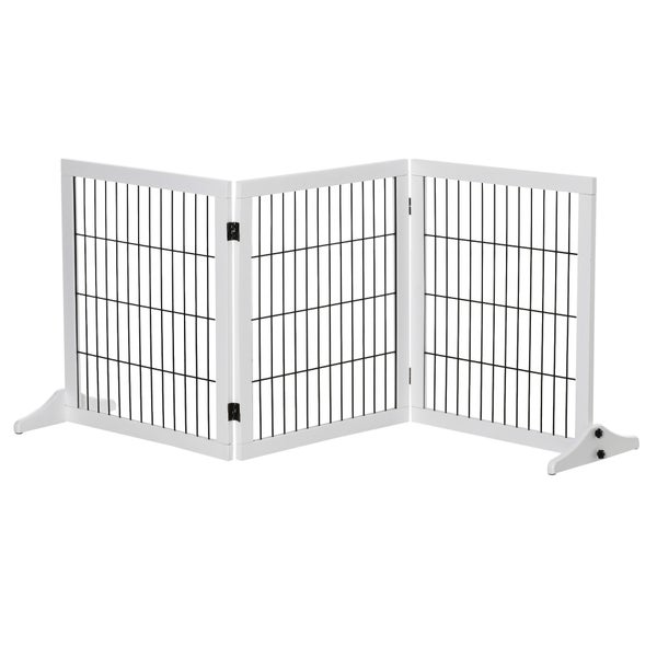 PawHut Absperrgitter für Hunde Schutzgitter Hundegitter mit Stützfüßen Treppengitter Hundeabsperrgitter Türschutzgitter für Kamin & Ofen, Kiefernholz Weiß 185 x 36 x 71 cm