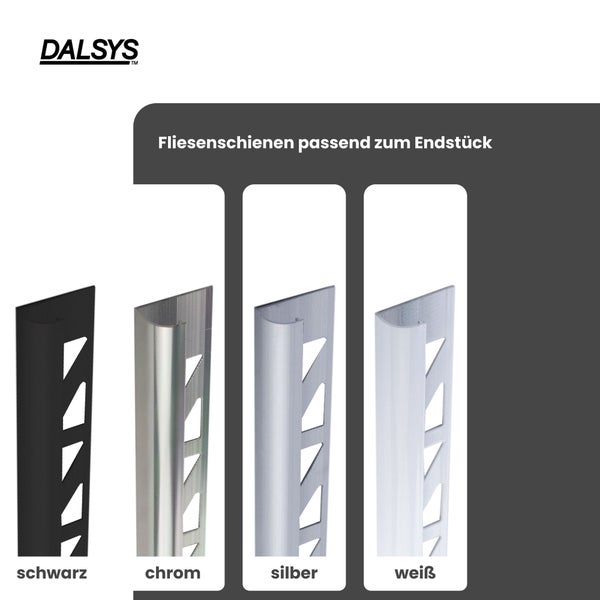 DALSYS Logo. Fliesenschienen mit Rundkante in schwarz, chrom, silber und weiß, passend zum Endstück.