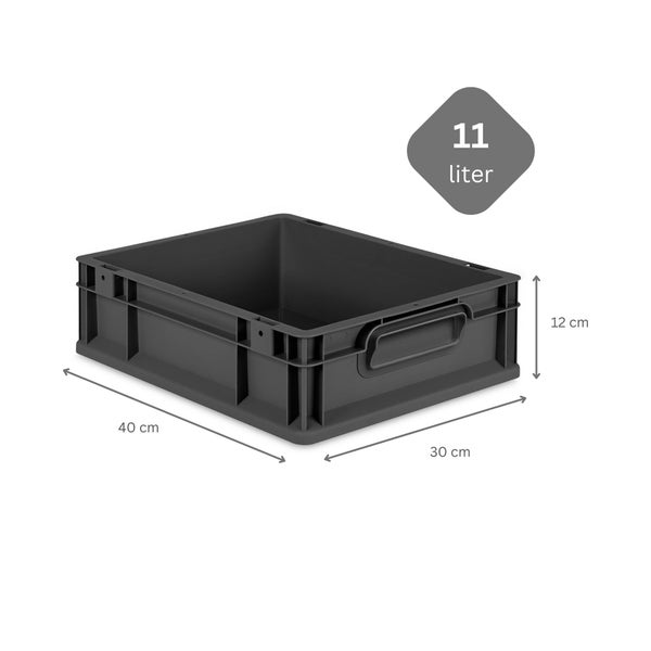 PROREGAL SparSet 5x Eurobox NextGen Grip mit Auflagedeckel inkl. 4 roten Schiebeschnappverschlüssen, HxBxT 12x30x40cm, 11 Liter, Schwarz, Griffe geschlossen, Eurobehälter, Transportbox, Transportbehälter, Stapelbehälter