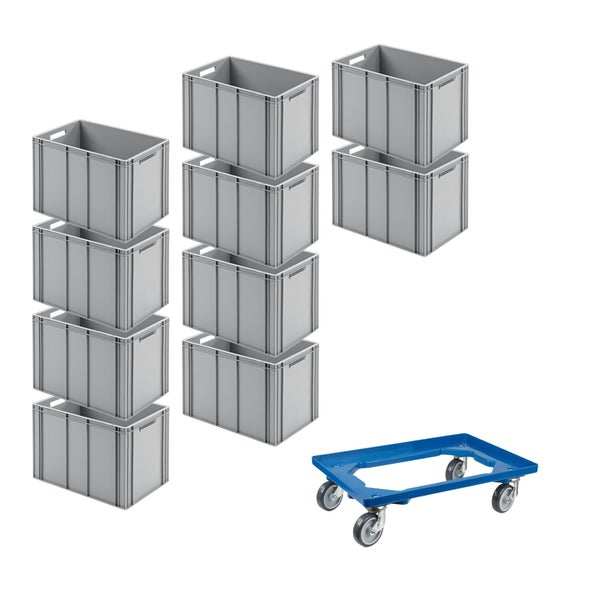 PROREGAL SparSet 10x Eurobehälter mit Offenem Griff und 1 x Transportroller Blau HxBxT 42 x 40 x 60 cm 70 Liter Eurobox Transportbox