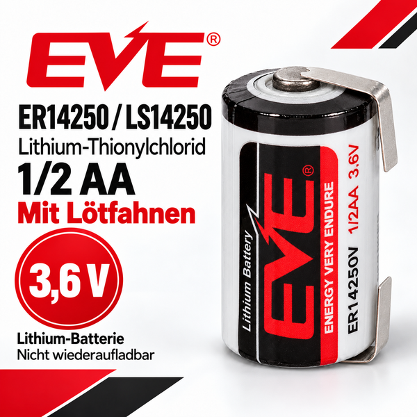 EVE Lithium Batterie ER14250 1/2 AA mit Lötfahnen, 3,6 Volt, nicht wiederaufladbar.