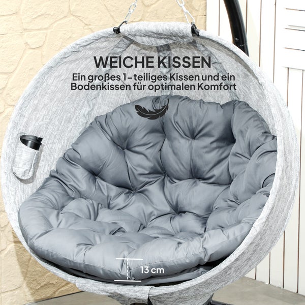 Outsunny Eiförmiger Hängesessel mit Gestell, faltbar Hängeschaukel mit Becherhalter, abnehmbar waschbar Sitz, Gestell, Hängematte, Schaukelsessel für Außenbereich Terrasse, Garten, Grau