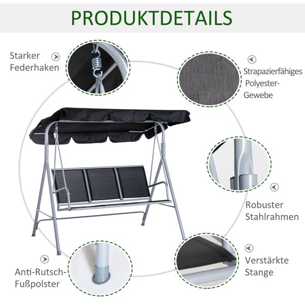 Outsunny Hollywoodschaukel, 3-Sitzer Gartenschaukel mit Dach, 171 x 108 x 154 cm, Metall, Schwarz+Silber