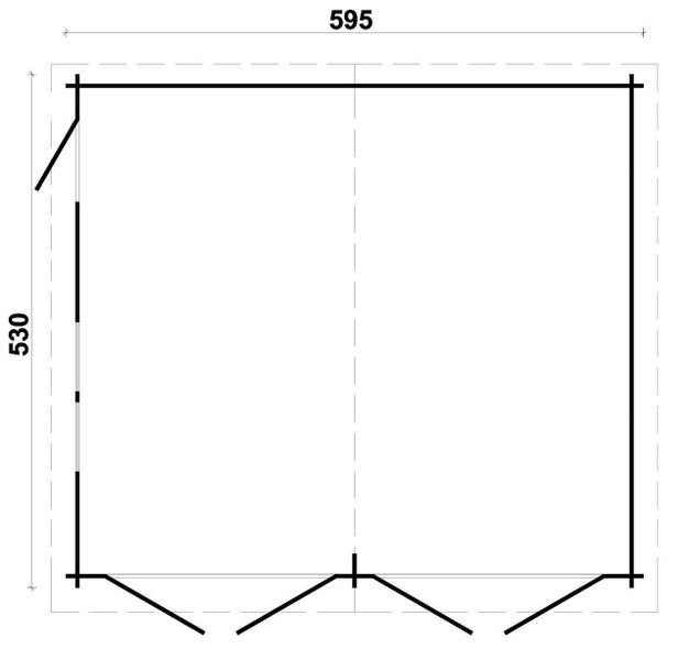 Grundriss eines Gartenhauses mit den Maßen 595 mal 530 Zentimeter, Darstellung von Wänden, Türen und Fenstern.