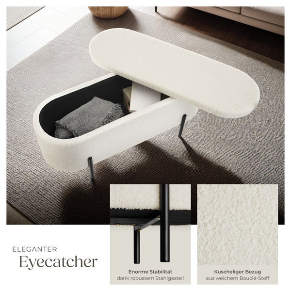 Ovale Polsterbank mit Stauraum aus Bouclé-Stoff und schwarzen Stahlbeinen. Detailansichten zeigen das robuste Gestell und die weiche Stoffstruktur.