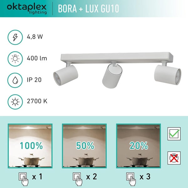 Bora Deckenstrahler 3-flammig dimmbar GU10 400lm 2700K warmweiß Spotbalken 4,8W 230V Weiß Deckenleuchte für Zuhause und Büro