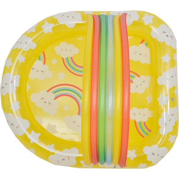 Aufblasbares Babyplanschbecken mit integriertem Sonnendach, verziert mit Wolken- und Regenbogenmotiven.