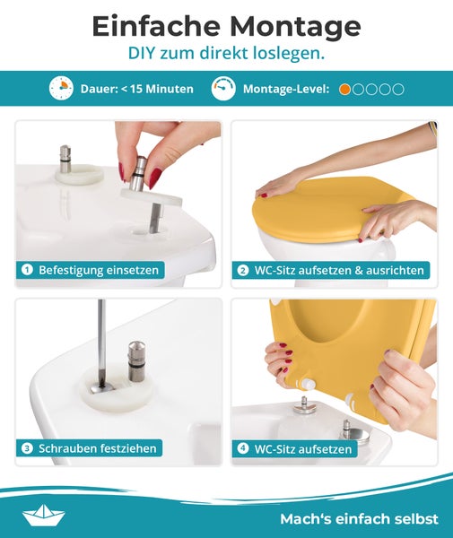 Anleitung zur Montage eines WC-Sitzes in vier Schritten: Befestigung einsetzen, Sitz ausrichten, Schrauben festziehen und Sitz aufstecken.