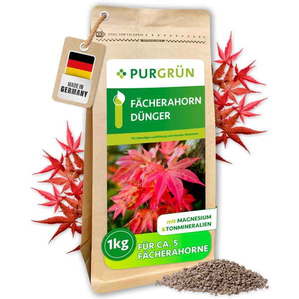 Purgrün Fächerahorn Dünger 1 Kilogramm für vitales Wachstum und kräftige Blattfarben mit Magnesium und Tonmineralien in wiederverschließbarer Tüte