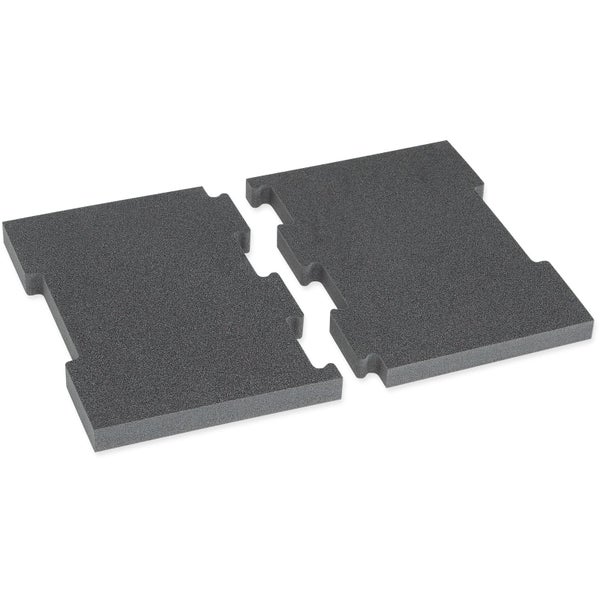 Zweiteilige graue Schaumstoffeinlage für Werkzeugkoffer oder Schutzverpackungen.
