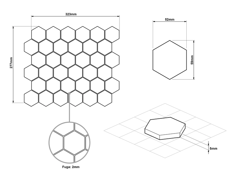 Technische Zeichnung sechseckige Mosaikfliese: Matte 323 mal 277 Millimeter, Stein 52 mal 59 Millimeter, Stärke 5 Millimeter, Fuge 2 Millimeter.