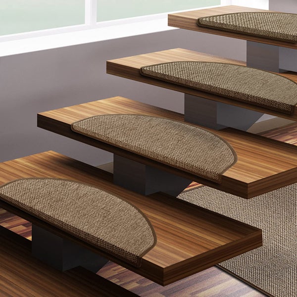 FLOORDIREKT Stufenmatte Sabang - Sisaloptik - Gekettelter Rand & Selbstklebend - Beige - 23,5 x 65 cm - Halbrund