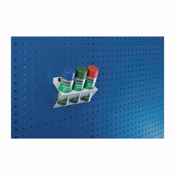 Weißer Spraydosenhalter aus Metall für Lochwände mit drei Halterungen für Sprühdosen zur Werkstattorganisation.