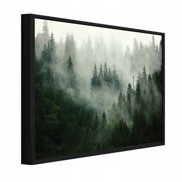 Wandbild mit Waldmotiv in einem schwarzen Rahmen in Seitenansicht