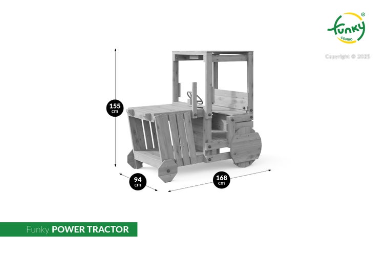 Hölzerner Spieltraktor Funky Combo Power Tractor mit Lenkrad und Kabine. Maße: Höhe 155 Zentimeter, Breite 94 Zentimeter, Länge 168 Zentimeter.