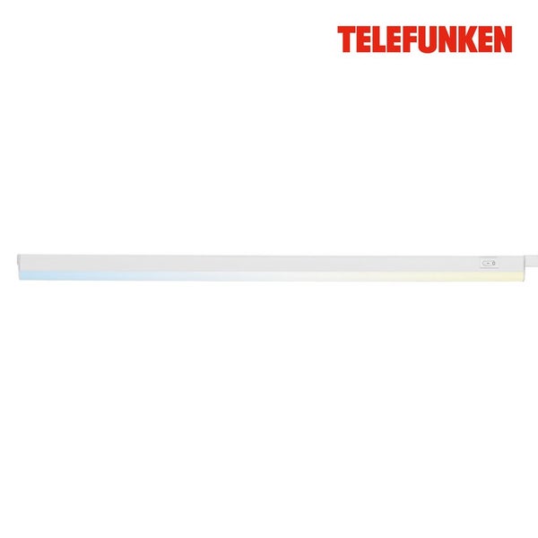 Telefunken Logo und eine flache weiße LED Unterbauleuchte mit integriertem Schalter.