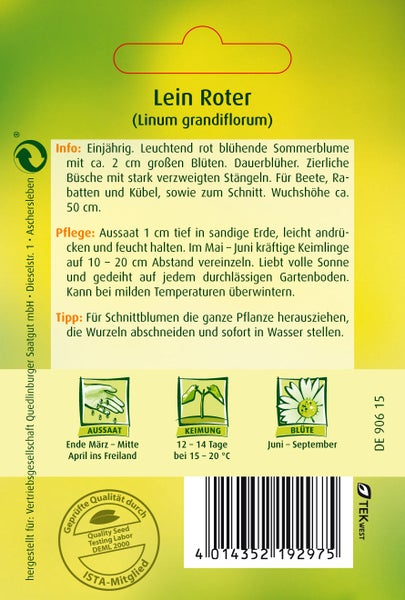 Rückseite einer Samentüte für Roten Lein mit Informationen zu Aussaat, Pflege, Blütezeit sowie Qualitätssiegeln.