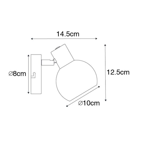 Technische Zeichnung einer Wandleuchte mit den Maßen 14,5 cm Breite, 12,5 cm Höhe und Lampenschirmdurchmesser 10 cm