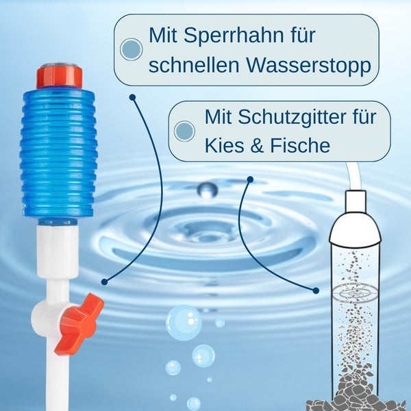 Aquariumreiniger mit Absperrhahn für schnellen Wasserstopp und Schutzgitter für Kies und Fische.