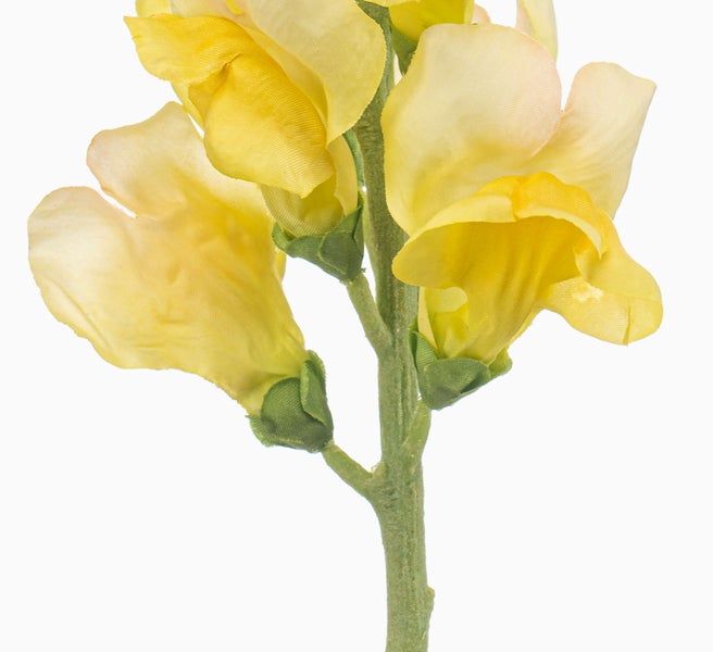 Künstliche Dahlie mit pfirsichfarbener Blüte, grünem Stiel und Blättern.