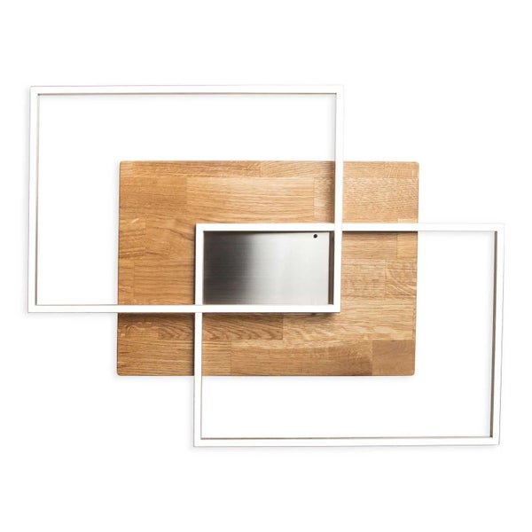 Moderne LED Deckenleuchte mit Holzelementen und Metallrahmen in rechteckiger Geometrie