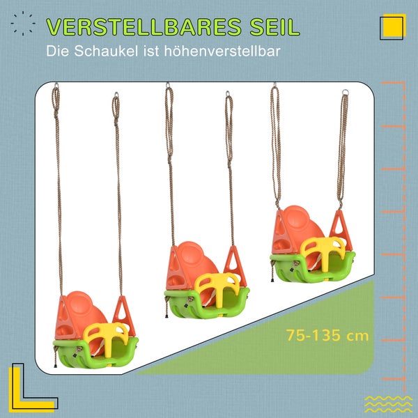 Outsunny 3-in-1 Babyschaukel, Kinderschaukel mit verstellbarem Seil, 120-180 cm höhenverstellbar, Kleinkindschaukel, Schaukelsitz für Kinder ab 9 Monaten, bis 70 kg, Indoor, Outdoor, Grün