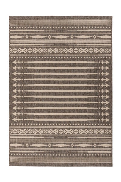 Rechteckiger braun-beiger In- und Outdoor-Teppich mit ethnischem Muster aus Streifen, Rauten und Pfeilmotiven.