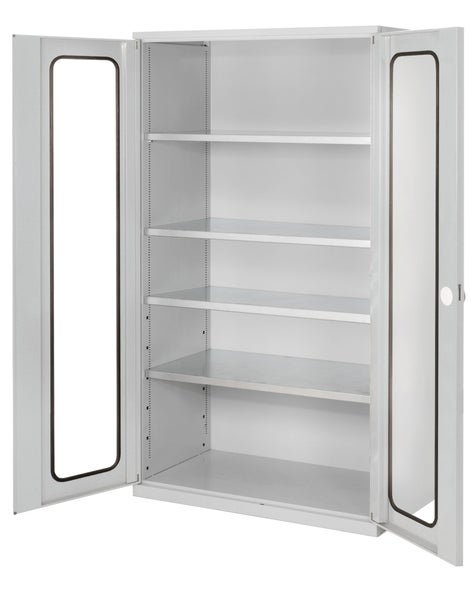 Metallschrank mit Glastüren und Einlegeböden für Werkstatt und Büro