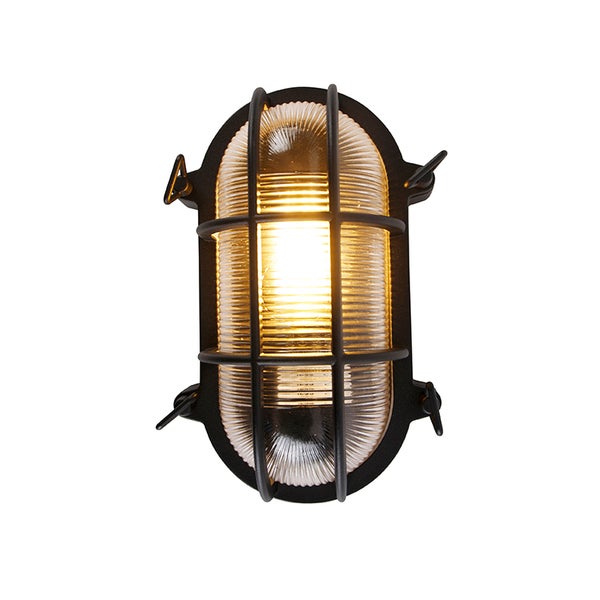 Beleuchtete ovale Außenwandleuchte mit schwarzem Metallkäfig und geriffeltem Glas.