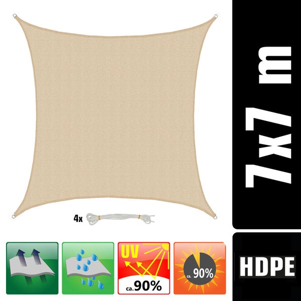 Sandfarbenes quadratisches Sonnensegel aus Polyethylen, 7 mal 7 Meter, circa 90 Prozent UV-Schutz, luft- und wasserdurchlässig, inklusive 4 Seilen.