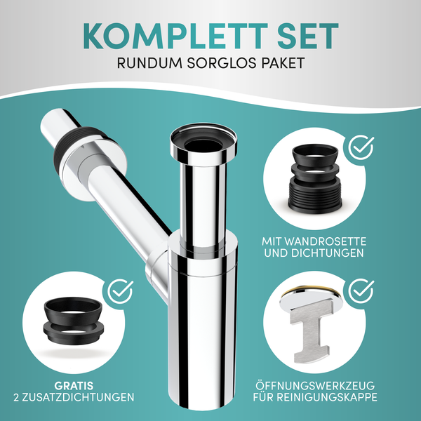 Engelbach® Design Siphon für Waschbecken & Waschtisch - Mit Reinigungsöffnung - r 1 1/4 - inkl. Gummimanschette und Anleitung