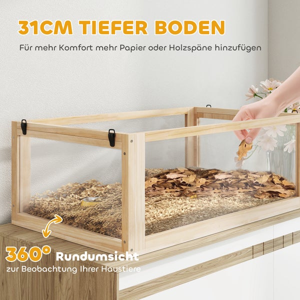 PawHut Hamsterkäfig aus Holz 3 Etagen Nagarium Nagerkäfig Kleintierkäfig mit klappbarem Deckel Laufrad und Zubehör, Kleintierstall Holzkäfig Käfig für Hamster Zwerghamster 80 x 50 x 76 cm Naturholz