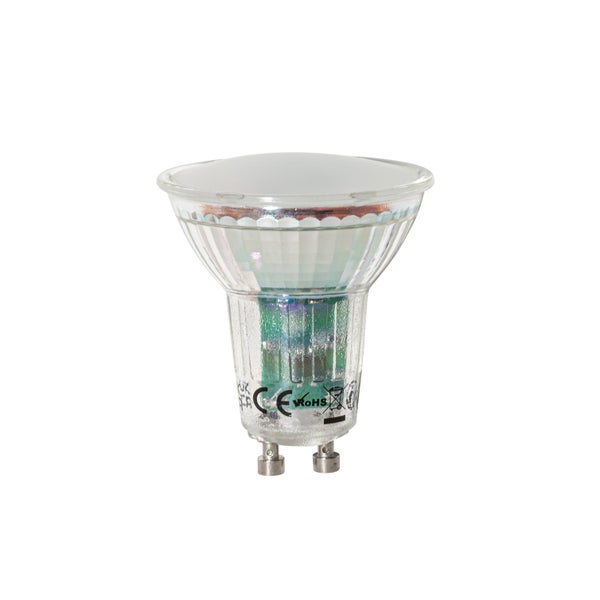 LED-Reflektorlampe mit GU10-Sockel aus Glas mit matter Abdeckung und CE-Kennzeichnung.