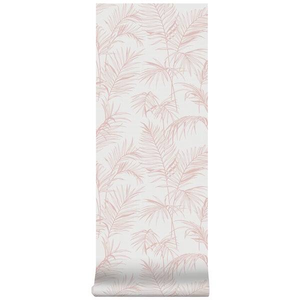 Vliestapete mit filigranem Palmblattmuster in Rosa, botanisches Design.
