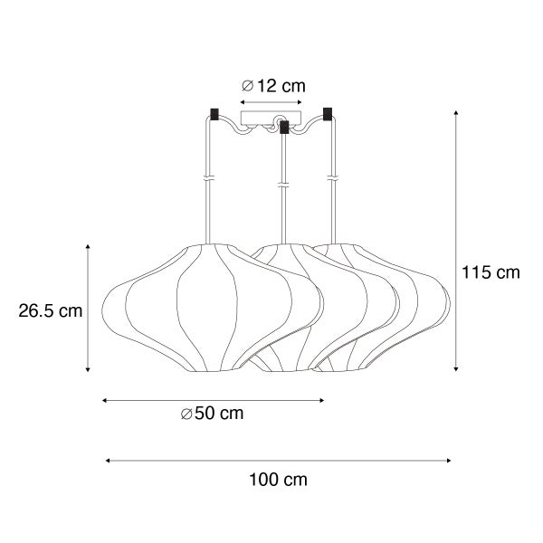 Maßzeichnung einer dreiflammigen Pendelleuchte: Höhe 115 Zentimeter, Breite 100 Zentimeter, Schirmdurchmesser 50 Zentimeter.