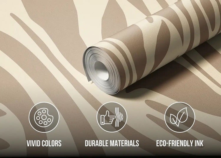 Tapetenrolle mit Zebramuster sowie Symbole für lebendige Farben, langlebige Materialien und umweltfreundliche Tinte.