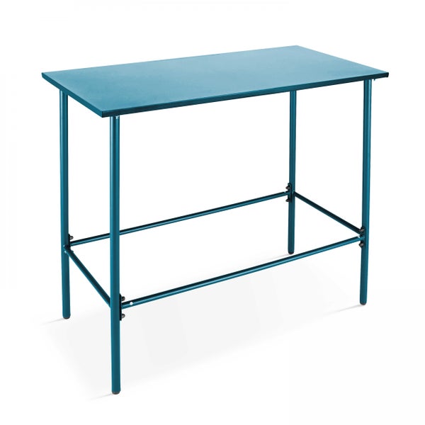 Blauer Bartisch aus Metall mit rechteckiger Tischplatte und Fußstütze.